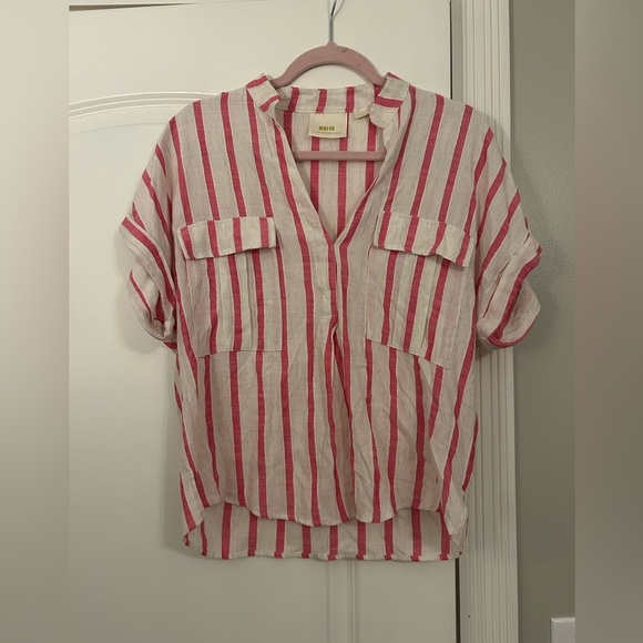 Anthropologie Maeve Amira Striped Linen Blend Top Ivory Pink - Picture 2 of 6
